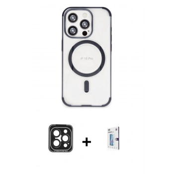 MARSİLYAN™- iPhone 15 Pro Max Kılıf Eksen Klasik Koleksiyonu - Siyah Bilvis 0.18mm Plus Cam Ekran Koruyucu + PVD Metal Kamera Lens - SH
