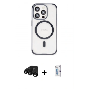 MARSİLYAN™- iPhone 15 Pro Max Kılıf Eksen Klasik Koleksiyonu - Siyah Bilvis 0.18mm Plus Cam Ekran Koruyucu + Raze Metal Kamera Lens - SH
