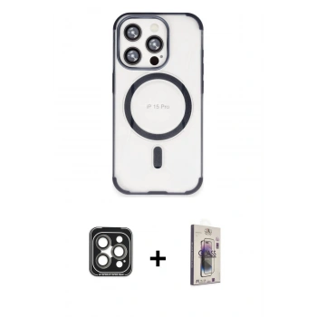 MARSİLYAN™- iPhone 15 Pro Max Kılıf Eksen Klasik Koleksiyonu - Siyah Bilvis 3D Cam Ekran Koruyucu + PVD Metal Kamera Lens - GI