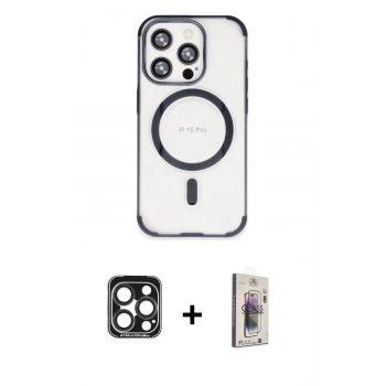 MARSİLYAN™- iPhone 15 Pro Max Kılıf Eksen Klasik Koleksiyonu - Siyah Bilvis 3D Cam Ekran Koruyucu + PVD Metal Kamera Lens - LT