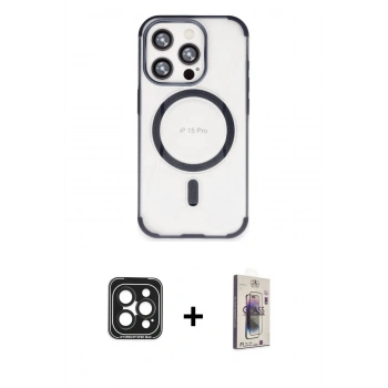 MARSİLYAN™- iPhone 15 Pro Max Kılıf Eksen Klasik Koleksiyonu - Siyah Bilvis 3D Cam Ekran Koruyucu + PVD Metal Kamera Lens - SH