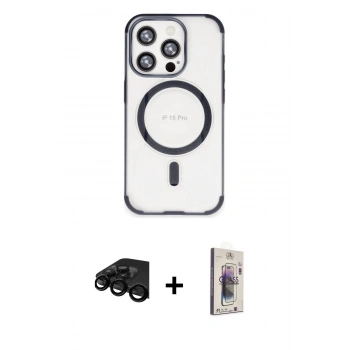 MARSİLYAN™- iPhone 15 Pro Max Kılıf Eksen Klasik Koleksiyonu - Siyah Bilvis 3D Cam Ekran Koruyucu + Raze Metal Kamera Lens - SH