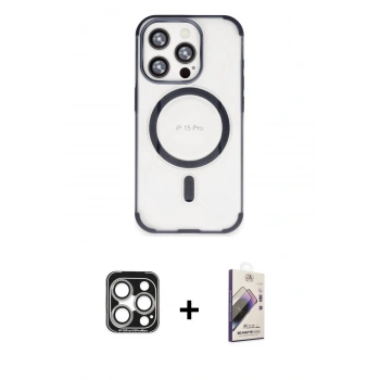 MARSİLYAN™- iPhone 15 Pro Max Kılıf Eksen Klasik Koleksiyonu - Siyah Bilvis 3D Mat Cam Ekran Koruyucu + PVD Metal Kamera Lens - GS