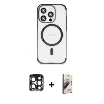 MARSİLYAN™- iPhone 15 Pro Max Kılıf Eksen Klasik Koleksiyonu - Siyah Bilvis 3D Mat Cam Ekran Koruyucu + PVD Metal Kamera Lens - LT