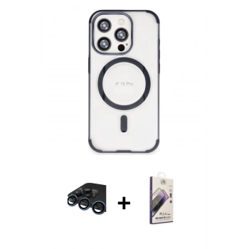 MARSİLYAN™- iPhone 15 Pro Max Kılıf Eksen Klasik Koleksiyonu - Siyah Bilvis 3D Mat Cam Ekran Koruyucu + Raze Metal Kamera Lens - LT