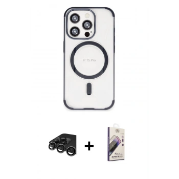 MARSİLYAN™- iPhone 15 Pro Max Kılıf Eksen Klasik Koleksiyonu - Siyah Bilvis 3D Mat Cam Ekran Koruyucu + Raze Metal Kamera Lens - TMGI
