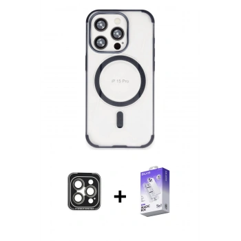 MARSİLYAN™- iPhone 15 Pro Max Kılıf Eksen Klasik Koleksiyonu - Siyah Bilvis 5in1 3D Magic Cam Ekran Koruyucu + PVD Metal Kamera Lens - GI