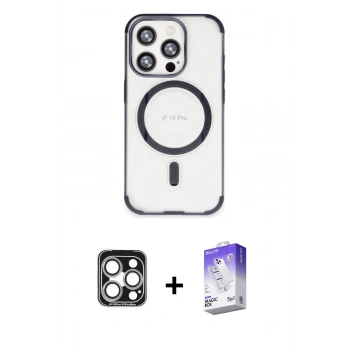 MARSİLYAN™- iPhone 15 Pro Max Kılıf Eksen Klasik Koleksiyonu - Siyah Bilvis 5in1 3D Magic Cam Ekran Koruyucu + PVD Metal Kamera Lens - GS