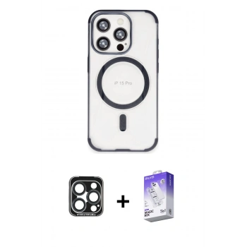 MARSİLYAN™- iPhone 15 Pro Max Kılıf Eksen Klasik Koleksiyonu - Siyah Bilvis 5in1 3D Magic Cam Ekran Koruyucu + PVD Metal Kamera Lens - LT