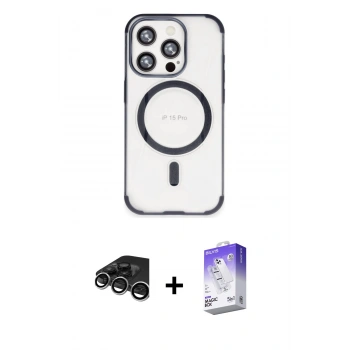MARSİLYAN™- iPhone 15 Pro Max Kılıf Eksen Klasik Koleksiyonu - Siyah Bilvis 5in1 3D Magic Cam Ekran Koruyucu + Raze Metal Kamera Lens - GS