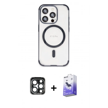 MARSİLYAN™- iPhone 15 Pro Max Kılıf Eksen Klasik Koleksiyonu - Siyah Bilvis 5in1 5D Magic Hayalet Cam Ekran Koruyucu + PVD Metal Kamera Lens - LT
