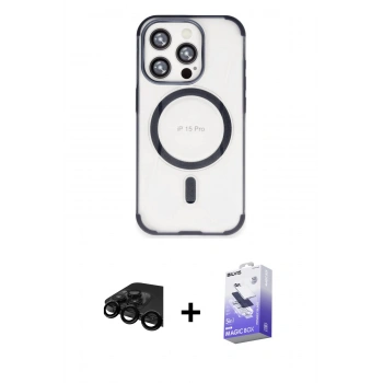 MARSİLYAN™- iPhone 15 Pro Max Kılıf Eksen Klasik Koleksiyonu - Siyah Bilvis 5in1 5D Magic Hayalet Cam Ekran Koruyucu + Raze Metal Kamera Lens - SH