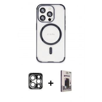 MARSİLYAN™- iPhone 15 Pro Max Kılıf Eksen Klasik Koleksiyonu - Siyah Bilvis Hayalet Cam Ekran Koruyucu + PVD Metal Kamera Lens - GS