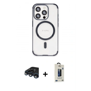 MARSİLYAN™- iPhone 15 Pro Max Kılıf Eksen Klasik Koleksiyonu - Siyah Bilvis Hayalet Cam Ekran Koruyucu + Raze Metal Kamera Lens - LT