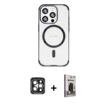 MARSİLYAN™- iPhone 15 Pro Max Kılıf Eksen Klasik Koleksiyonu - Siyah Bilvis Hayalet Cam Ekran Koruyucu + PVD Metal Kamera Lens - GI