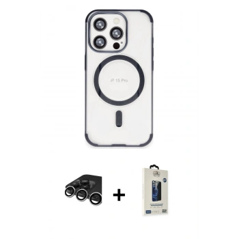 MARSİLYAN™- iPhone 15 Pro Max Kılıf Eksen Klasik Koleksiyonu - Siyah Bilvis Hayalet Cam Ekran Koruyucu + Raze Metal Kamera Lens - GS