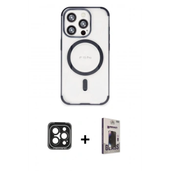 MARSİLYAN™- iPhone 15 Pro Max Kılıf Eksen Klasik Koleksiyonu - Siyah Bilvis Hayalet Cam Ekran Koruyucu + PVD Metal Kamera Lens - SH