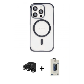 MARSİLYAN™- iPhone 15 Pro Max Kılıf Eksen Klasik Koleksiyonu - Siyah Bilvis Hayalet Cam Ekran Koruyucu + Raze Metal Kamera Lens - SH