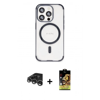 MARSİLYAN™- iPhone 15 Pro Max Kılıf Eksen Klasik Koleksiyonu - Siyah Buffer Cam Ekran Koruyucu + Raze Metal Kamera Lens - GS