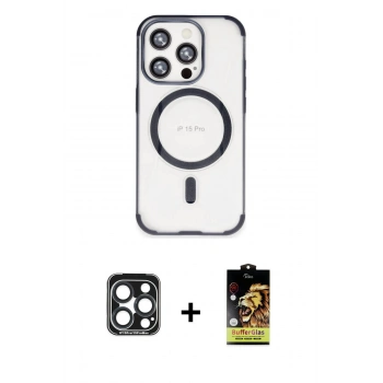 MARSİLYAN™- iPhone 15 Pro Max Kılıf Eksen Klasik Koleksiyonu - Siyah Buffer Cam Ekran Koruyucu + PVD Metal Kamera Lens - LT