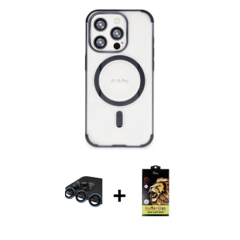 MARSİLYAN™- iPhone 15 Pro Max Kılıf Eksen Klasik Koleksiyonu - Siyah Buffer Cam Ekran Koruyucu + Raze Metal Kamera Lens - LT