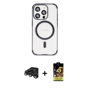 MARSİLYAN™- iPhone 15 Pro Max Kılıf Eksen Klasik Koleksiyonu - Siyah Buffer Cam Ekran Koruyucu + Raze Metal Kamera Lens - TMGI