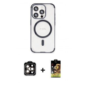 MARSİLYAN™- iPhone 15 Pro Max Kılıf Eksen Klasik Koleksiyonu - Siyah Buffer Cam Ekran Koruyucu + PVD Metal Kamera Lens - TU