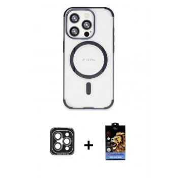 MARSİLYAN™- iPhone 15 Pro Max Kılıf Eksen Klasik Koleksiyonu - Siyah Buffer Hayalet Cam Ekran Koruyucu + PVD Metal Kamera Lens - GI