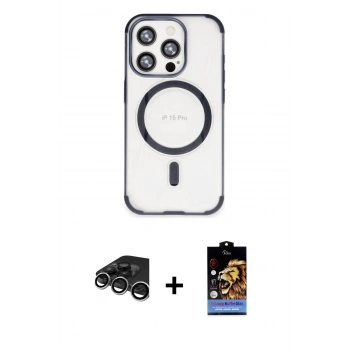 MARSİLYAN™- iPhone 15 Pro Max Kılıf Eksen Klasik Koleksiyonu - Siyah Buffer Hayalet Cam Ekran Koruyucu + Raze Metal Kamera Lens - GS