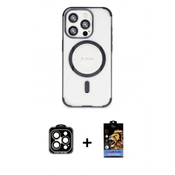 MARSİLYAN™- iPhone 15 Pro Max Kılıf Eksen Klasik Koleksiyonu - Siyah Buffer Hayalet Cam Ekran Koruyucu + PVD Metal Kamera Lens - TU