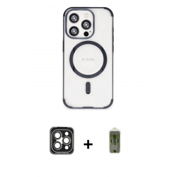MARSİLYAN™- iPhone 15 Pro Max Kılıf Eksen Klasik Koleksiyonu - Siyah Joko Magic 5D Hayalet Cam + PVD Metal Kamera Lens - GI