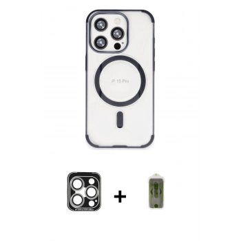 MARSİLYAN™- iPhone 15 Pro Max Kılıf Eksen Klasik Koleksiyonu - Siyah Joko Magic 5D Hayalet Cam + PVD Metal Kamera Lens - GS