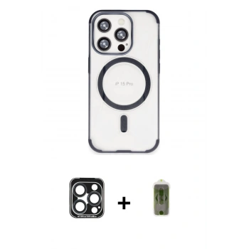 MARSİLYAN™- iPhone 15 Pro Max Kılıf Eksen Klasik Koleksiyonu - Siyah Joko Magic 5D Hayalet Cam + PVD Metal Kamera Lens - LT