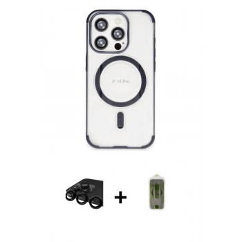 MARSİLYAN™- iPhone 15 Pro Max Kılıf Eksen Klasik Koleksiyonu - Siyah Joko Magic 5D Hayalet Cam + Raze Metal Kamera Lens - SH