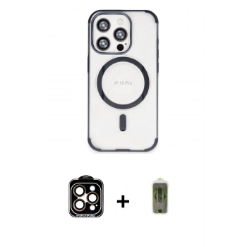 MARSİLYAN™- iPhone 15 Pro Max Kılıf Eksen Klasik Koleksiyonu - Siyah Joko Magic 5D Hayalet Cam + PVD Metal Kamera Lens - TU