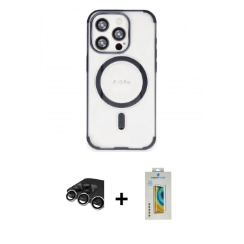 MARSİLYAN™- iPhone 15 Pro Max Kılıf Eksen Klasik Koleksiyonu - Siyah Polymer Nano Ekran Koruyucu + Raze Metal Kamera Lens - GS