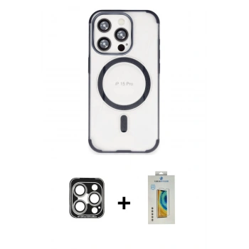 MARSİLYAN™- iPhone 15 Pro Max Kılıf Eksen Klasik Koleksiyonu - Siyah Polymer Nano Ekran Koruyucu + PVD Metal Kamera Lens - GS