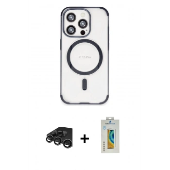 MARSİLYAN™- iPhone 15 Pro Max Kılıf Eksen Klasik Koleksiyonu - Siyah Polymer Nano Ekran Koruyucu + Raze Metal Kamera Lens - TMGI