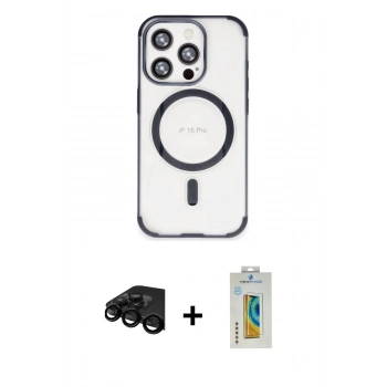 MARSİLYAN™- iPhone 15 Pro Max Kılıf Eksen Klasik Koleksiyonu - Siyah Polymer Nano Ekran Koruyucu + Raze Metal Kamera Lens - SH