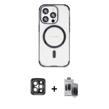 MARSİLYAN™- iPhone 15 Pro Max Kılıf Eksen Klasik Koleksiyonu - Siyah Vanessa Magic Hayalet Cam + PVD Metal Kamera Lens - GI
