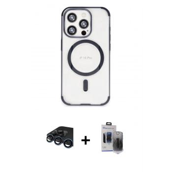 MARSİLYAN™- iPhone 15 Pro Max Kılıf Eksen Klasik Koleksiyonu - Siyah Vanessa Magic Hayalet Cam + Raze Metal Kamera Lens - LT
