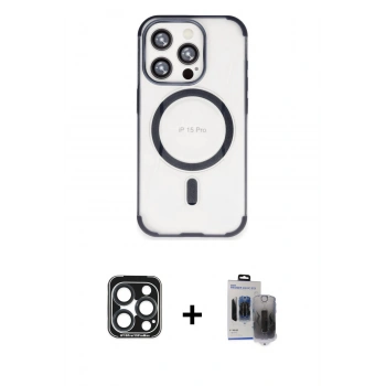 MARSİLYAN™- iPhone 15 Pro Max Kılıf Eksen Klasik Koleksiyonu - Siyah Vanessa Magic Hayalet Cam + PVD Metal Kamera Lens - LT
