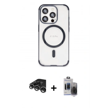 MARSİLYAN™- iPhone 15 Pro Max Kılıf Eksen Klasik Koleksiyonu - Siyah Vanessa Magic Hayalet Cam + Raze Metal Kamera Lens - GS