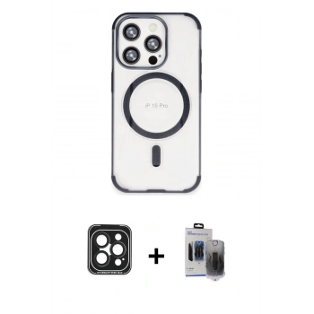 MARSİLYAN™- iPhone 15 Pro Max Kılıf Eksen Klasik Koleksiyonu - Siyah Vanessa Magic Hayalet Cam + PVD Metal Kamera Lens - SH