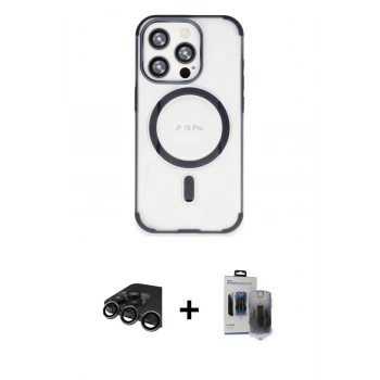MARSİLYAN™- iPhone 15 Pro Max Kılıf Eksen Klasik Koleksiyonu - Siyah Vanessa Magic Hayalet Cam + Raze Metal Kamera Lens - TMGI