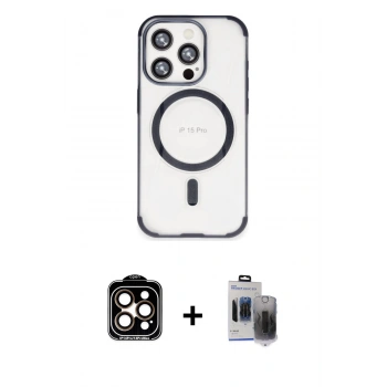 MARSİLYAN™- iPhone 15 Pro Max Kılıf Eksen Klasik Koleksiyonu - Siyah Vanessa Magic Hayalet Cam + PVD Metal Kamera Lens - TU