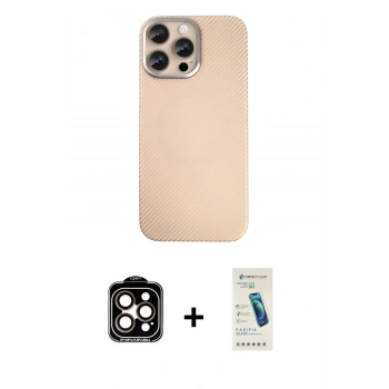 MARSİLYAN™- iPhone 15 Pro Max Kılıf Eksen Prime - Şeffaf Pasifik Cam Ekran Koruyucu + PVD Metal Kamera Lens - TU