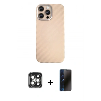 MARSİLYAN™- iPhone 15 Pro Max Kılıf Eksen Prime - Siyah 3D Antistatik Hayalet Cam Ekran Koruyucu + PVD Metal Kamera Lens - GI