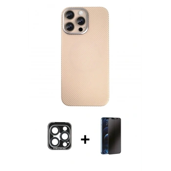 MARSİLYAN™- iPhone 15 Pro Max Kılıf Eksen Prime - Siyah 3D Antistatik Hayalet Cam Ekran Koruyucu + PVD Metal Kamera Lens - LT