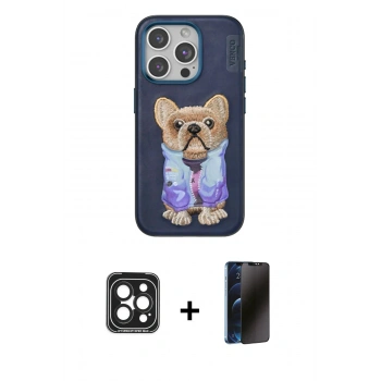 MARSİLYAN™- iPhone 15 Pro Max Kılıf İz Minimal Koleksiyonu - Siyah 3D Antistatik Hayalet Cam Ekran Koruyucu + PVD Metal Kamera Lens - SH